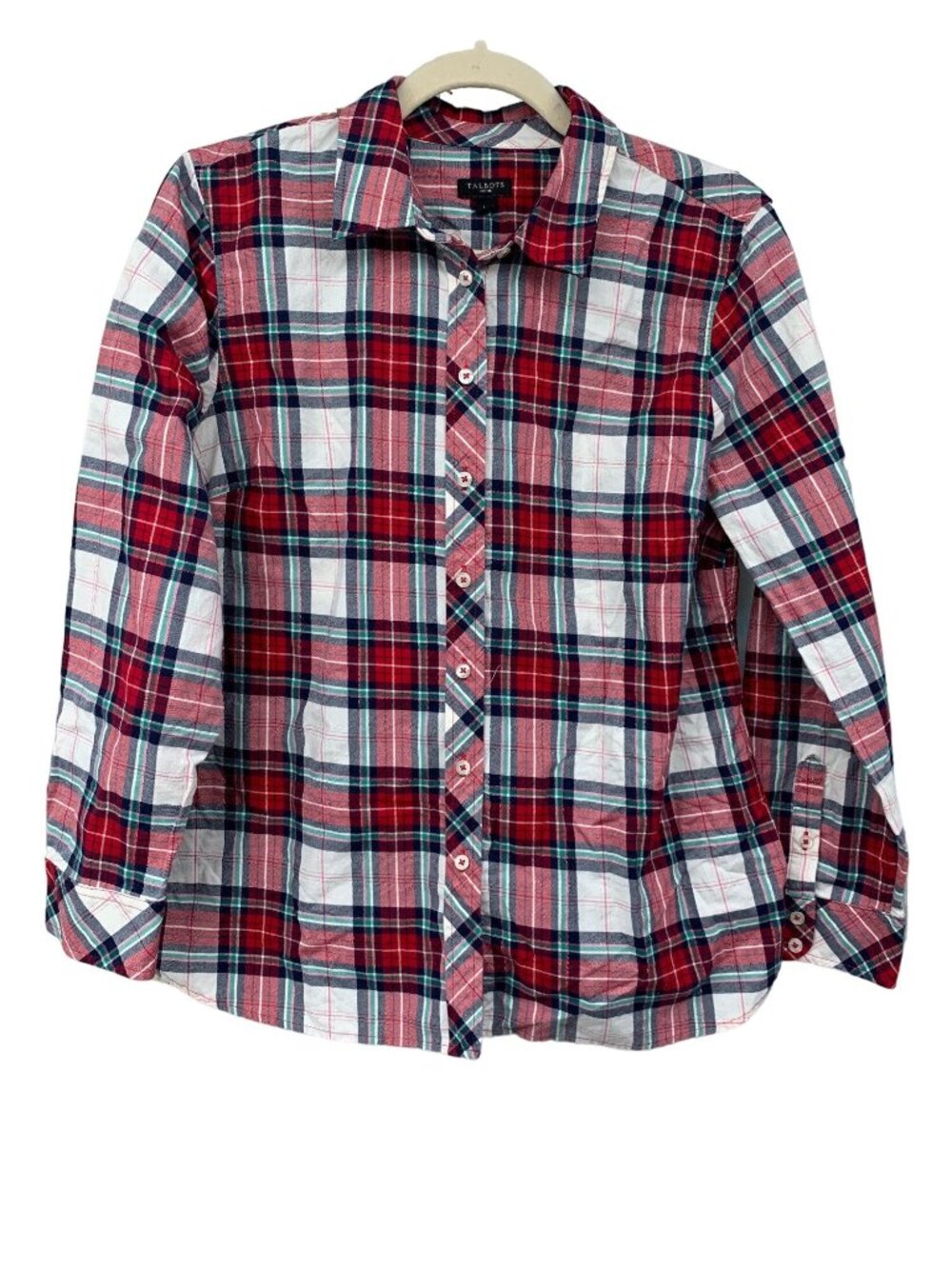 Talbots Petite Red Plaid Button-Up Shirt L Pet Long Sleeve Lightweight Cotton Bl